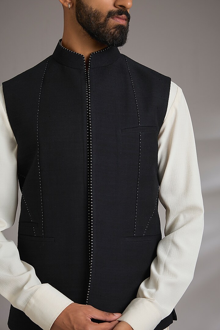 Black Silk Bundi Jacket by Dhruv Vaish at Pernia's Pop Up Shop
