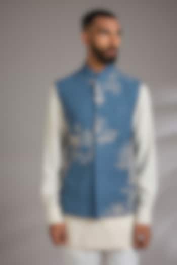 Storm Blue Silk Bundi Jacket by Dhruv Vaish at Pernia's Pop Up Shop