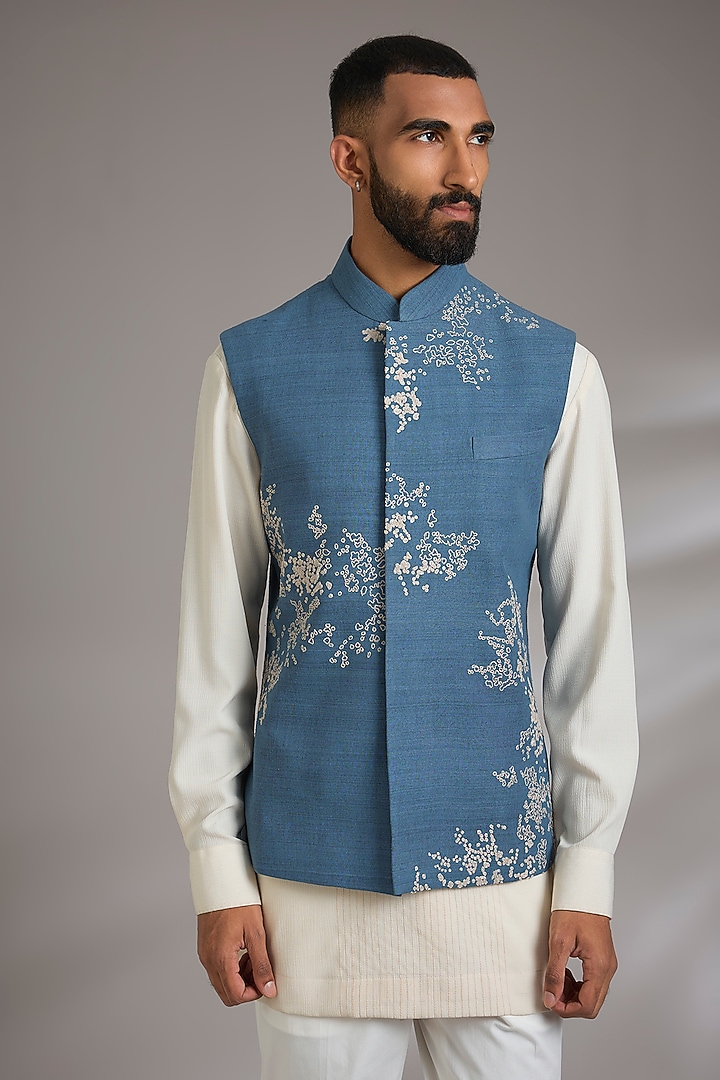 Storm Blue Silk Bundi Jacket by Dhruv Vaish at Pernia's Pop Up Shop
