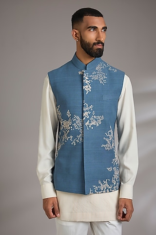 Storm Blue Silk Bundi Jacket by Dhruv Vaish