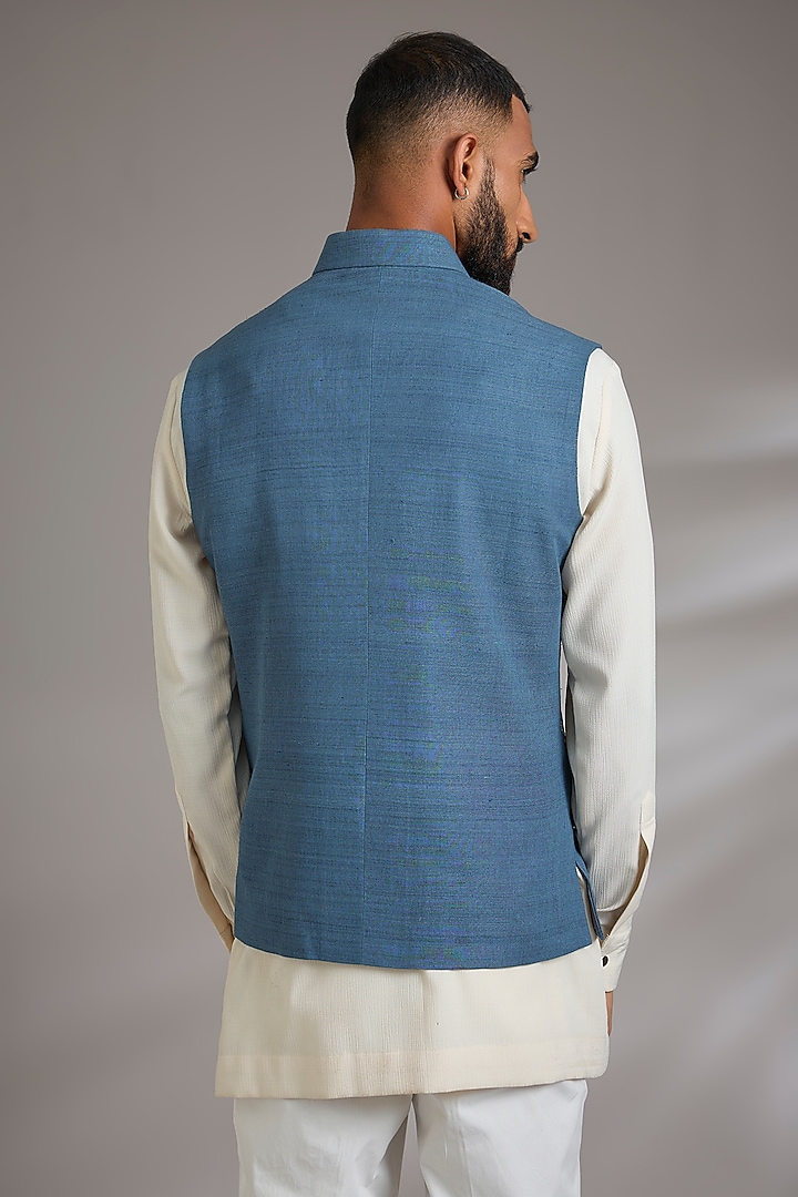Storm Blue Silk Bundi Jacket by Dhruv Vaish at Pernia's Pop Up Shop