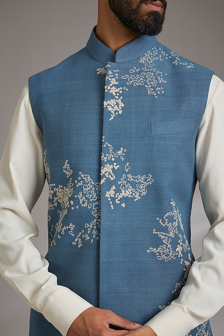 Storm Blue Silk Bundi Jacket by Dhruv Vaish at Pernia's Pop Up Shop