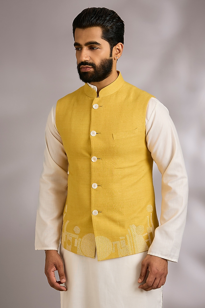 Marigold Silk Bundi Jacket by Dhruv Vaish at Pernia's Pop Up Shop