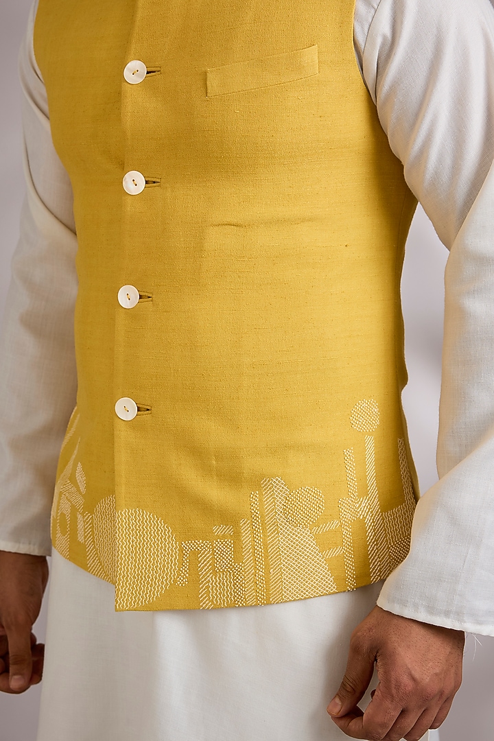 Marigold Silk Bundi Jacket by Dhruv Vaish at Pernia's Pop Up Shop