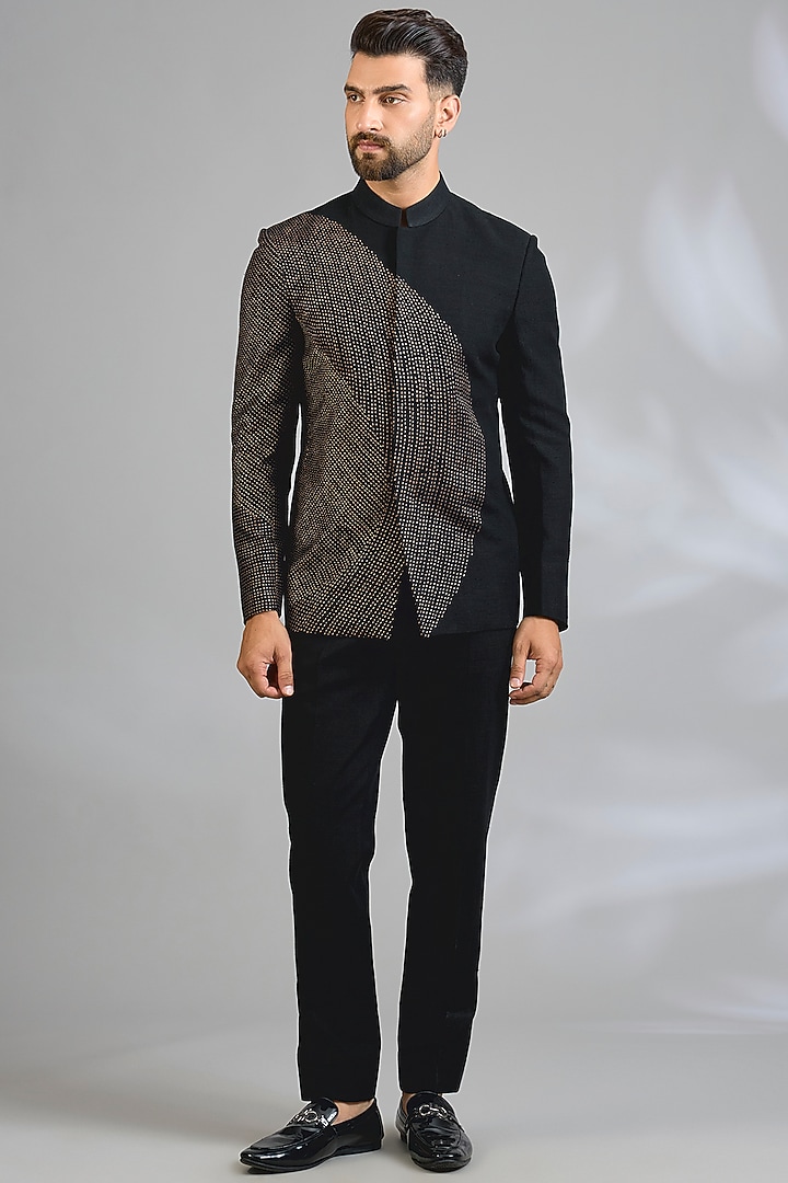 Black & Brown Suiting Groom Bandhgala Set by Dhruv Vaish at Pernia's Pop Up Shop