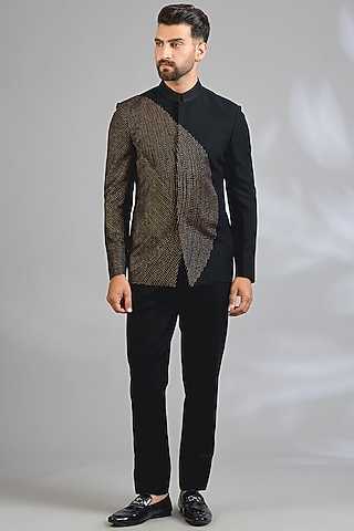 Black & Brown Suiting Bandhgala Set by Dhruv Vaish