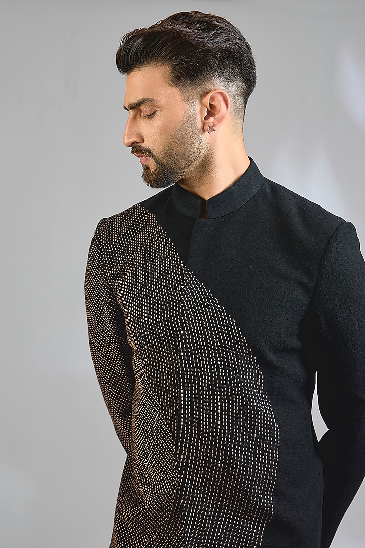 Black & Brown Suiting Groom Bandhgala Set by Dhruv Vaish at Pernia's Pop Up Shop