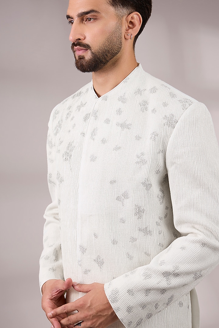 Ivory Silk Groom Bandhgala Set by Dhruv Vaish at Pernia's Pop Up Shop