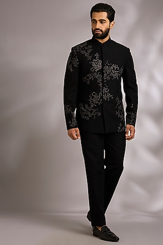 Black Silk Bandhgala Set by Dhruv Vaish