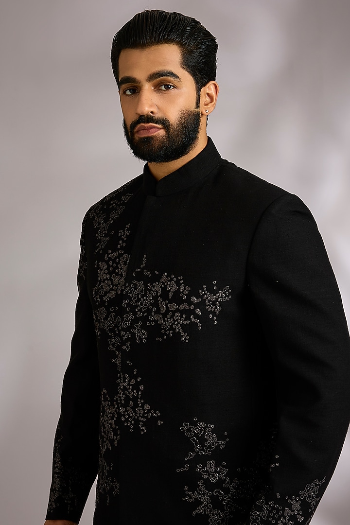 Black Silk Wedding Bandhgala Set by Dhruv Vaish at Pernia's Pop Up Shop