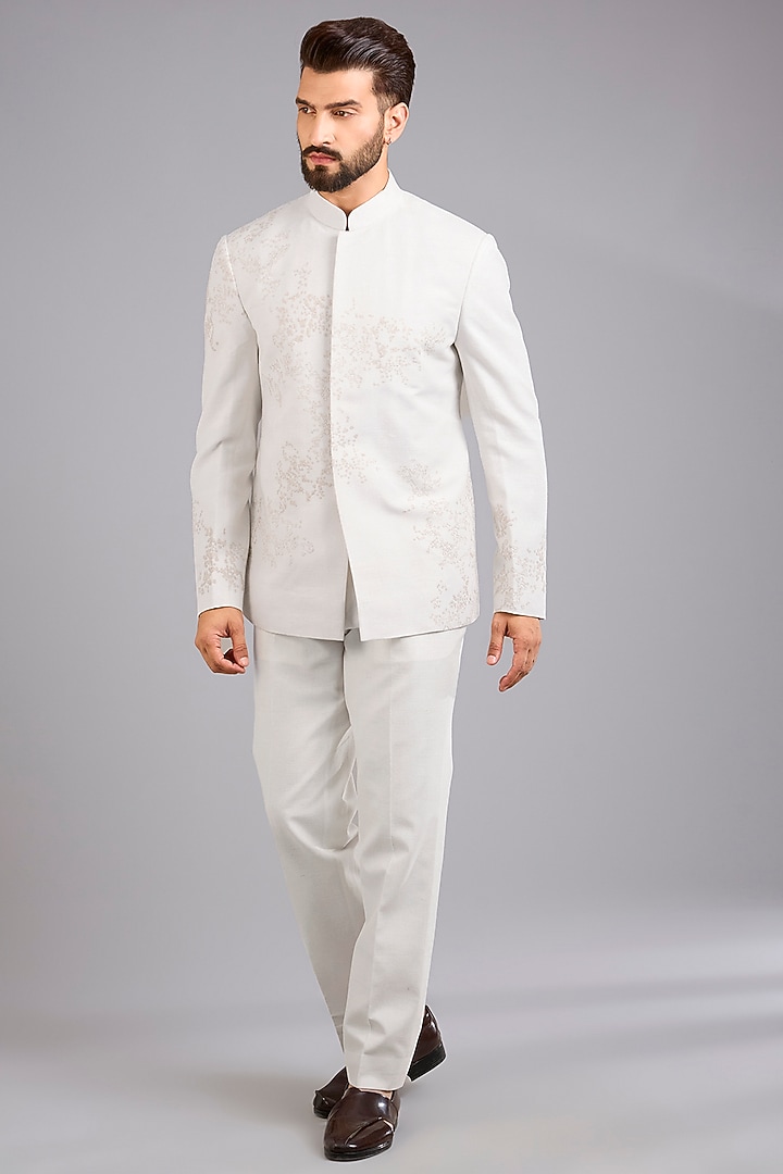 Ivory Silk Wedding Bandhgala Set by Dhruv Vaish at Pernia's Pop Up Shop