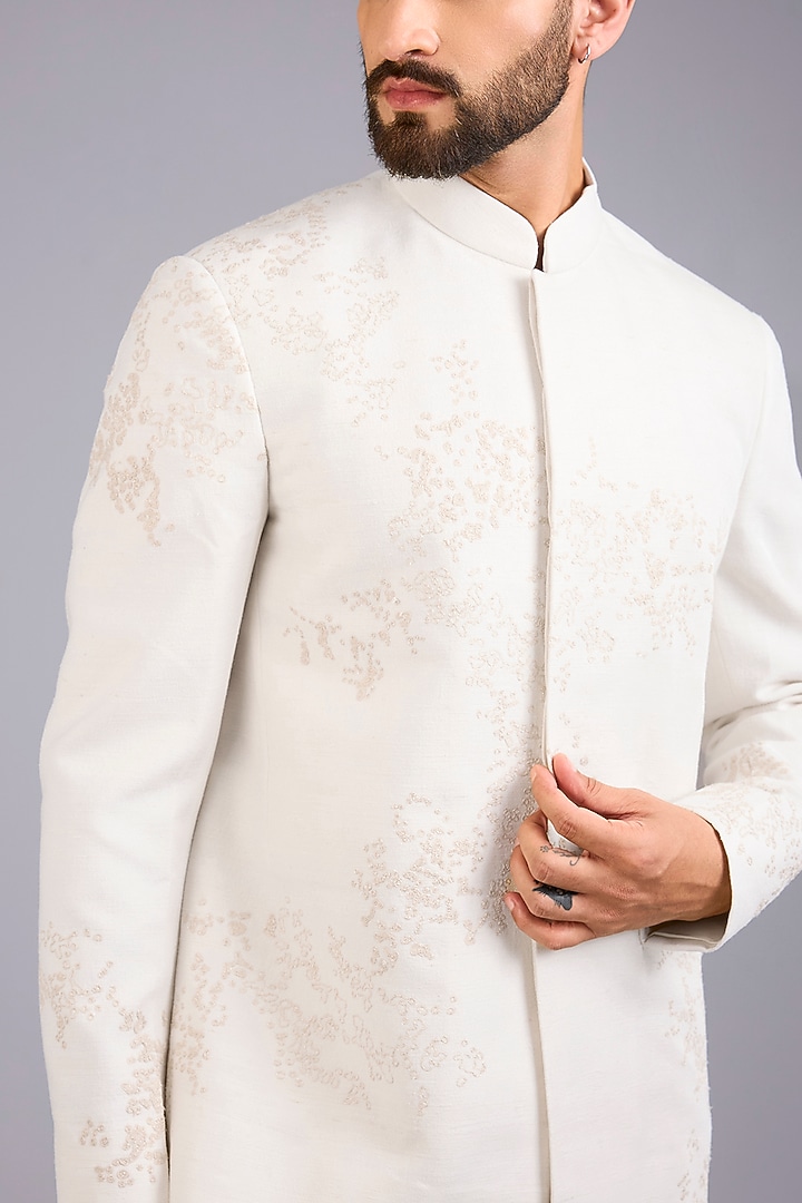 Ivory Silk Wedding Bandhgala Set by Dhruv Vaish at Pernia's Pop Up Shop