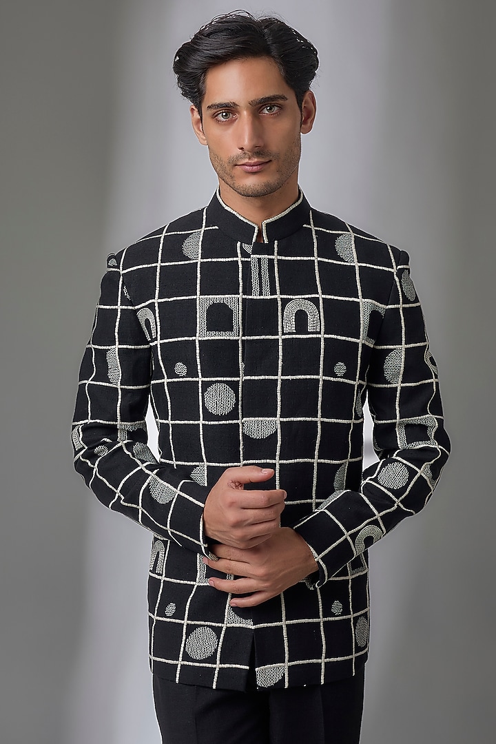 Black Silk Groom Bandhgala Set by Dhruv Vaish at Pernia's Pop Up Shop