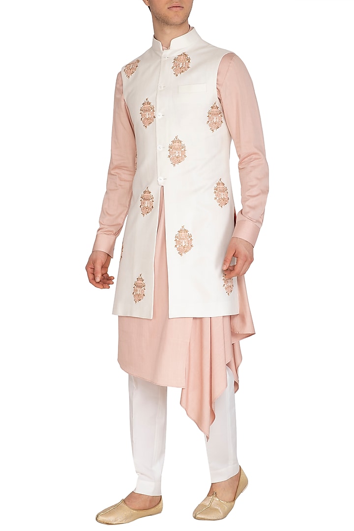 Cream Embroidered Long Nehru Jacket by Dhruv Vaish at Pernia's Pop Up Shop