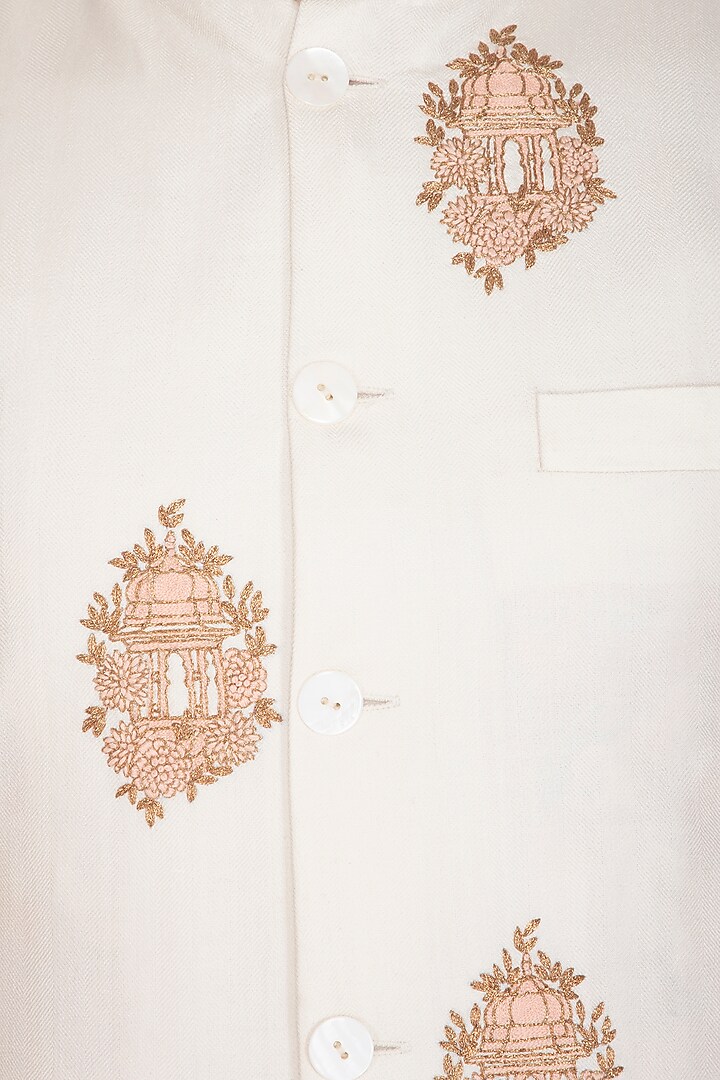 Cream Embroidered Long Nehru Jacket by Dhruv Vaish at Pernia's Pop Up Shop