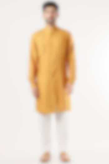 Yellow Herringbone Cotton Silk Kurta Set by Dhruv Vaish