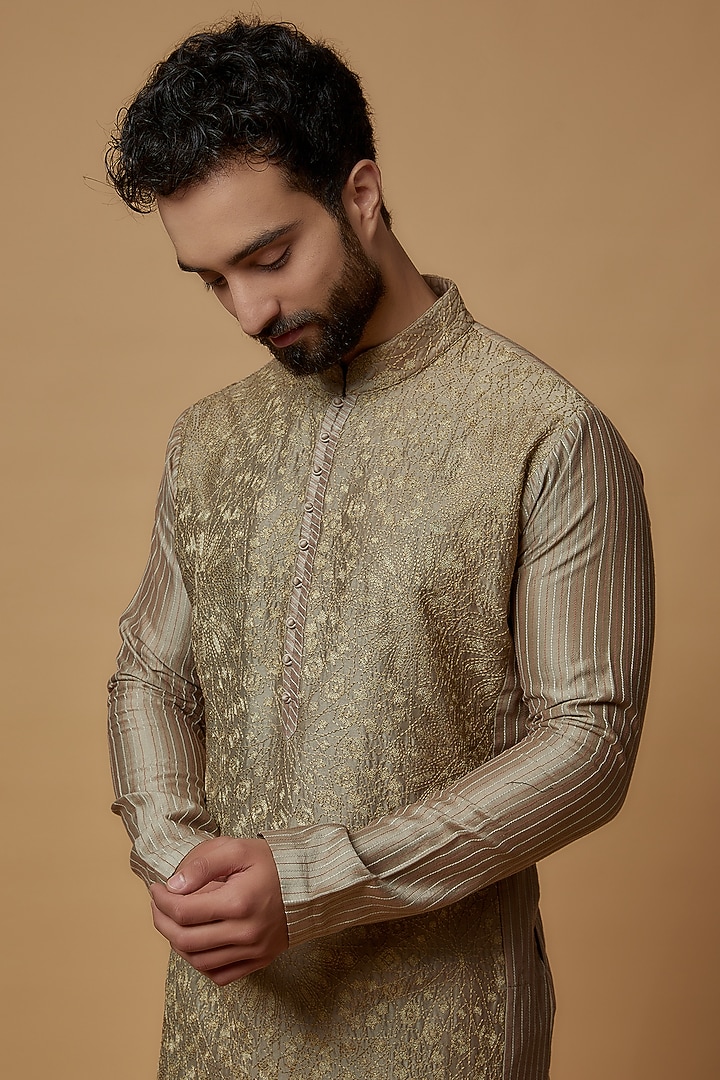 Light Brown Cotton Silk Chanderi Embroidered Kurta Set by Dhruv Vaish at Pernia's Pop Up Shop