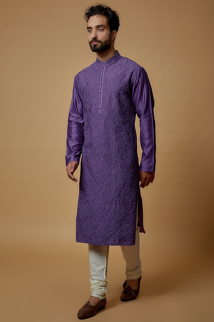 Violet Cotton Silk Chanderi Embroidered Kurta Set by Dhruv Vaish at Pernia's Pop Up Shop