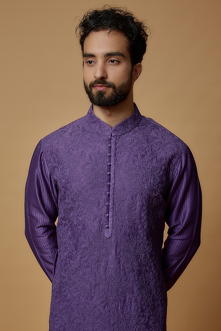 Violet Cotton Silk Chanderi Embroidered Kurta Set by Dhruv Vaish at Pernia's Pop Up Shop