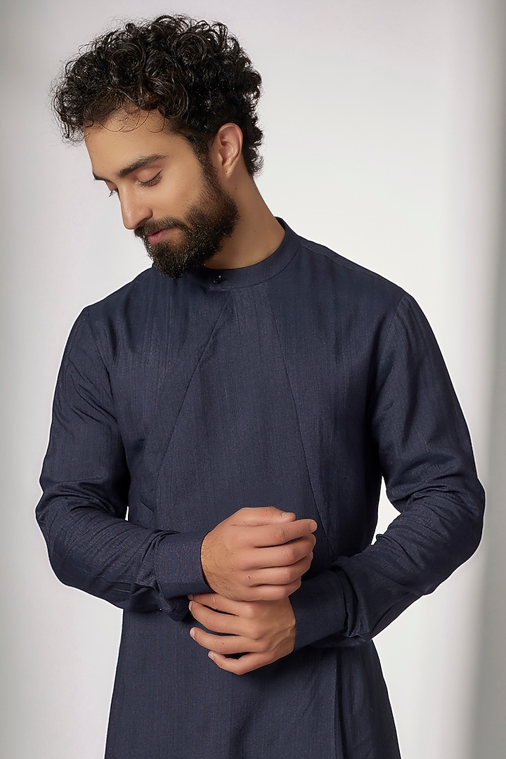 Navy Blue Cotton Silk Draped Kurta Set by Dhruv Vaish at Pernia's Pop Up Shop
