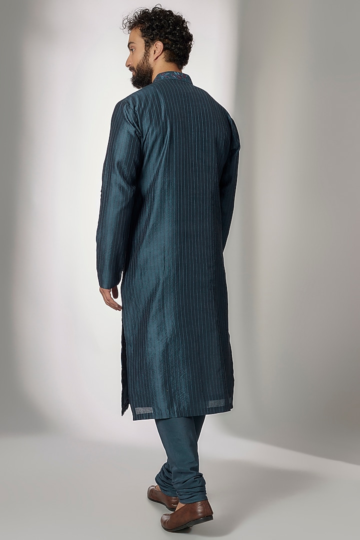 Yale Blue Cotton Silk Chanderi Embroidered Kurta Set by Dhruv Vaish at Pernia's Pop Up Shop