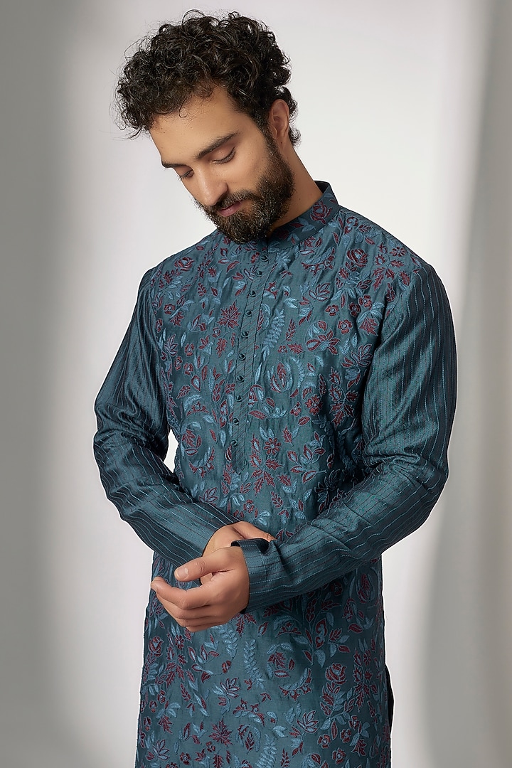Yale Blue Cotton Silk Chanderi Embroidered Kurta Set by Dhruv Vaish at Pernia's Pop Up Shop
