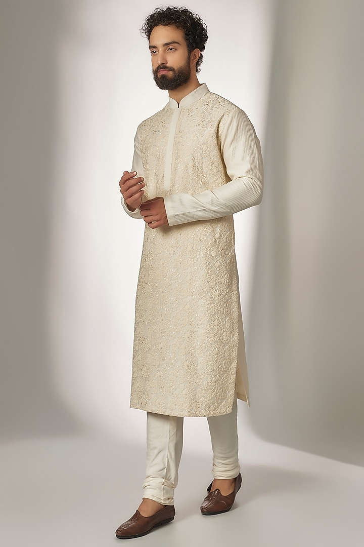 Cream Cotton Silk Chanderi Embroidered Kurta Set by Dhruv Vaish at Pernia's Pop Up Shop