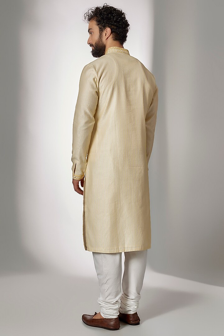 Cream & Mustard Cotton Silk Chanderi Embroidered Kurta Set by Dhruv Vaish at Pernia's Pop Up Shop