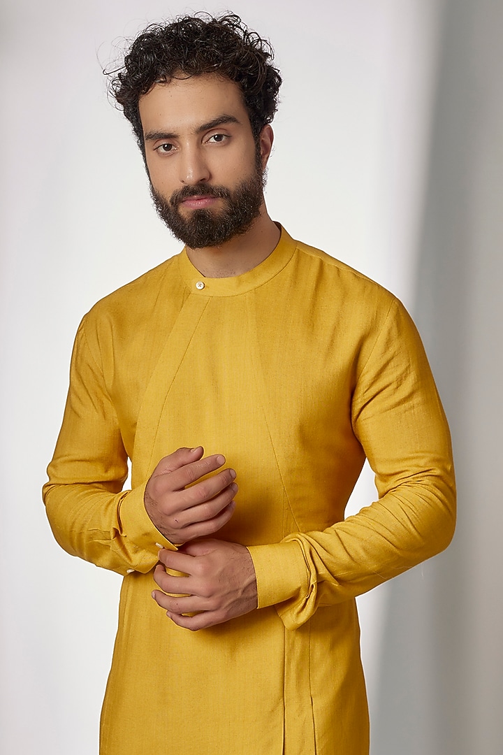Marigold Cotton Silk Draped Kurta Set by Dhruv Vaish at Pernia's Pop Up Shop