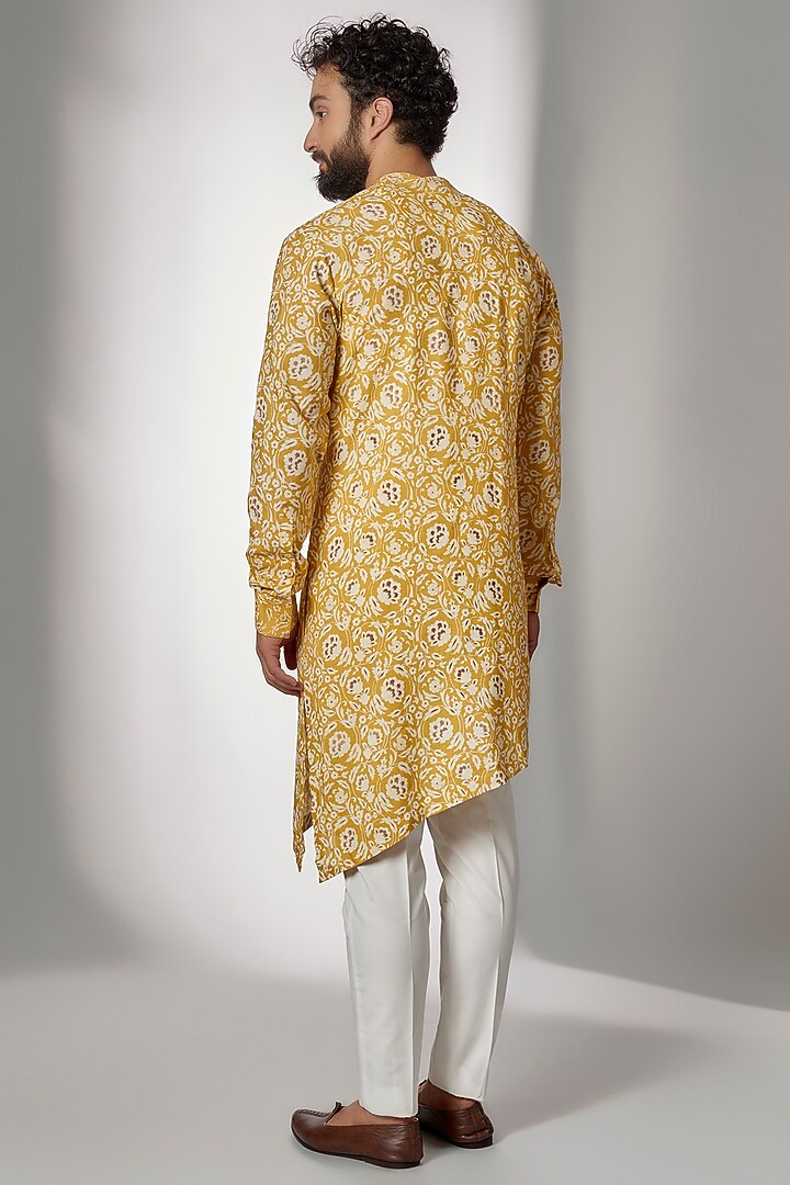 Marigold Cotton Silk Printed Asymmetrical Kurta Set by Dhruv Vaish at Pernia's Pop Up Shop