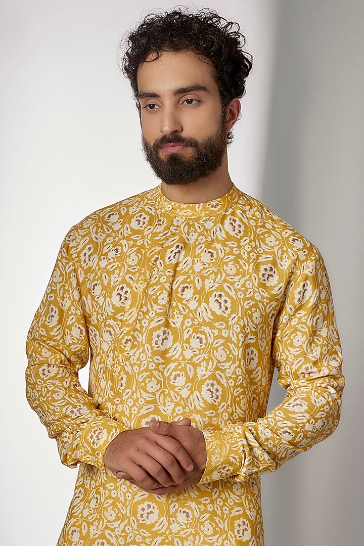 Marigold Cotton Silk Printed Asymmetrical Kurta Set by Dhruv Vaish at Pernia's Pop Up Shop