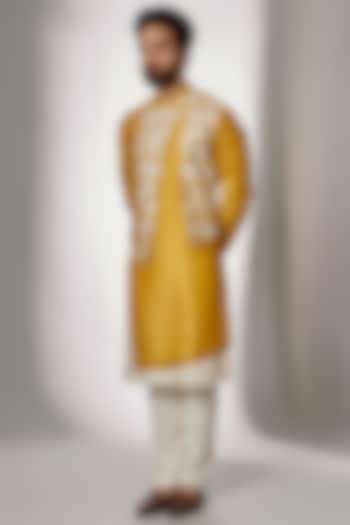 Marigold Embroidered Hybrid Kurta Set by Dhruv Vaish