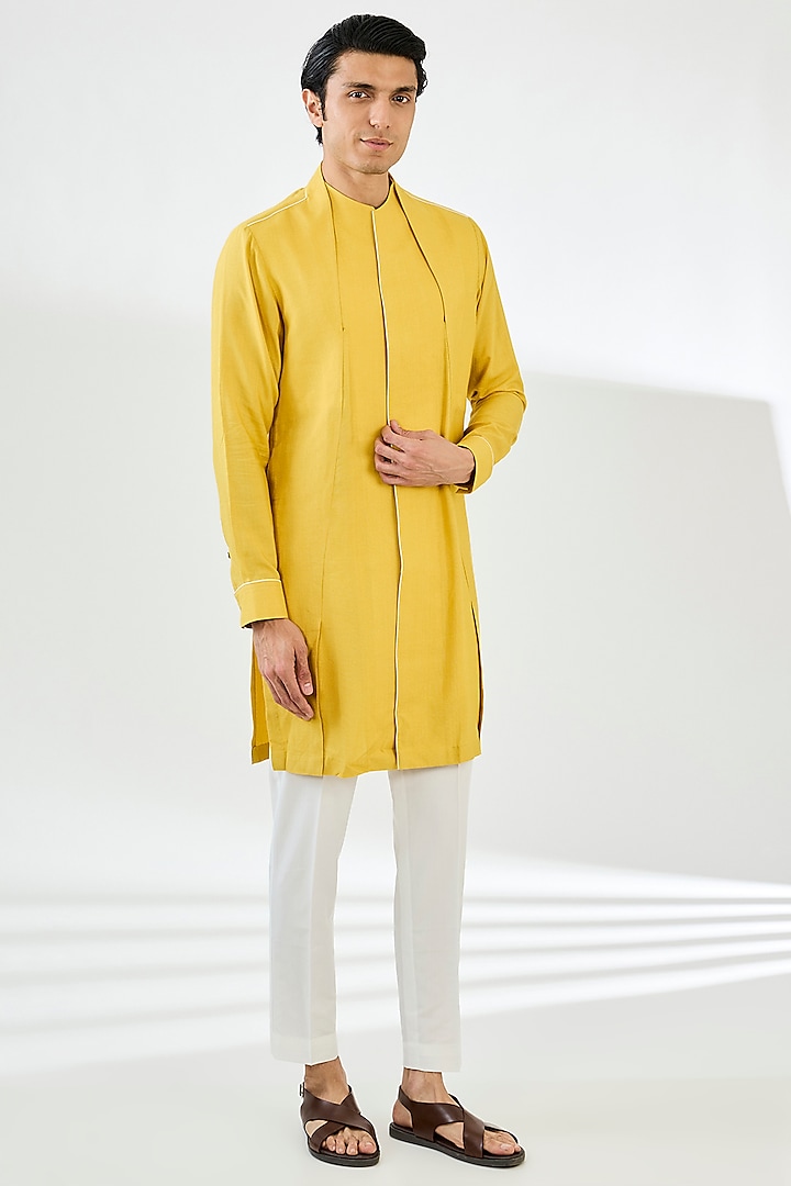 Marigold Yellow Cotton Silk Chanderi Printed Kurta Set by Dhruv Vaish at Pernia's Pop Up Shop