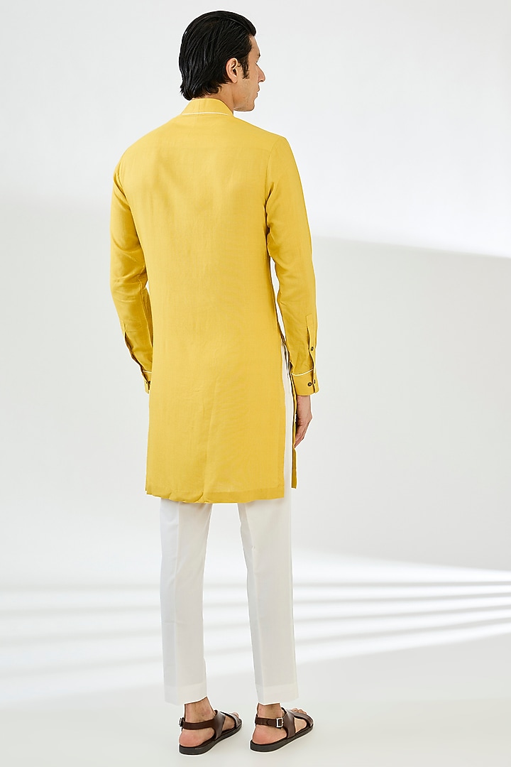 Marigold Yellow Cotton Silk Chanderi Printed Kurta Set by Dhruv Vaish at Pernia's Pop Up Shop