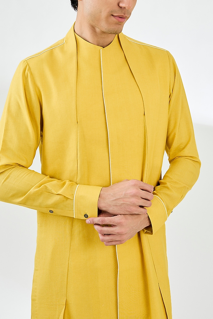 Marigold Yellow Cotton Silk Chanderi Printed Kurta Set by Dhruv Vaish at Pernia's Pop Up Shop