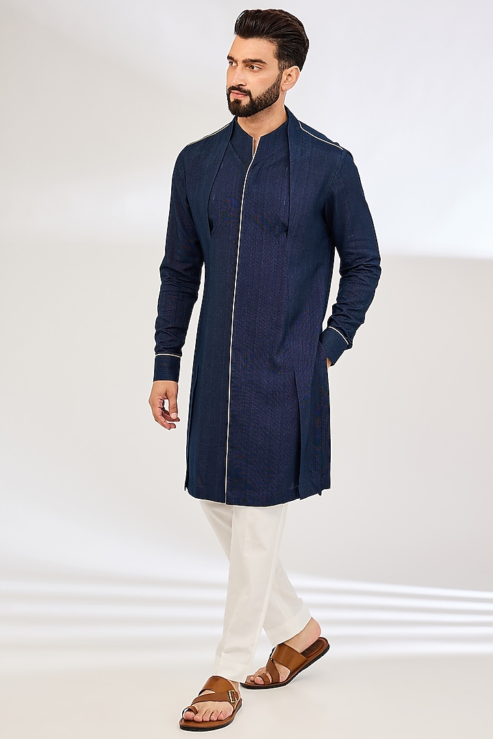 Navy Blue Cotton Kurta Set by Dhruv Vaish