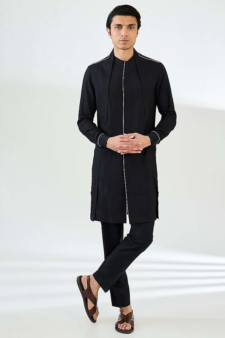 Black Cotton Silk Chanderi Printed Kurta Set by Dhruv Vaish