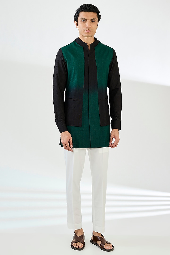 Black & Green Cotton Printed Ombre Kurta Set by Dhruv Vaish