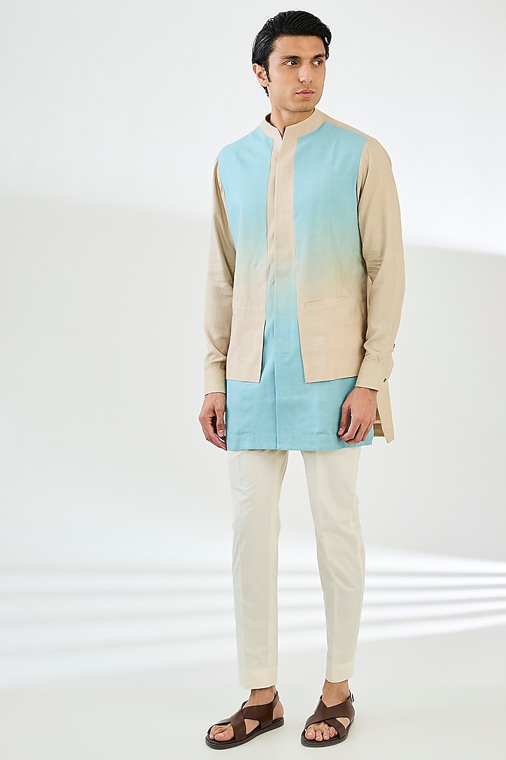 Aqua Mist Cotton Printed Ombre Kurta Set by Dhruv Vaish