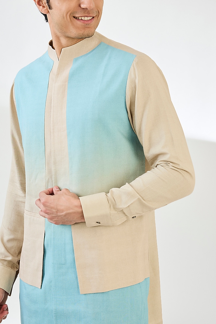 Aqua Mist Cotton Printed Ombre Kurta Set by Dhruv Vaish at Pernia's Pop Up Shop