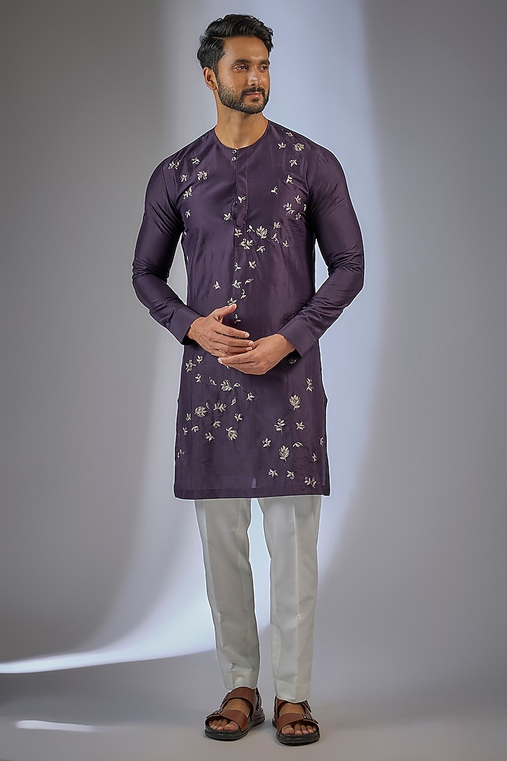 Midnight Purple Cotton Silk Chanderi Embroidered Kurta Set by Dhruv Vaish at Pernia's Pop Up Shop