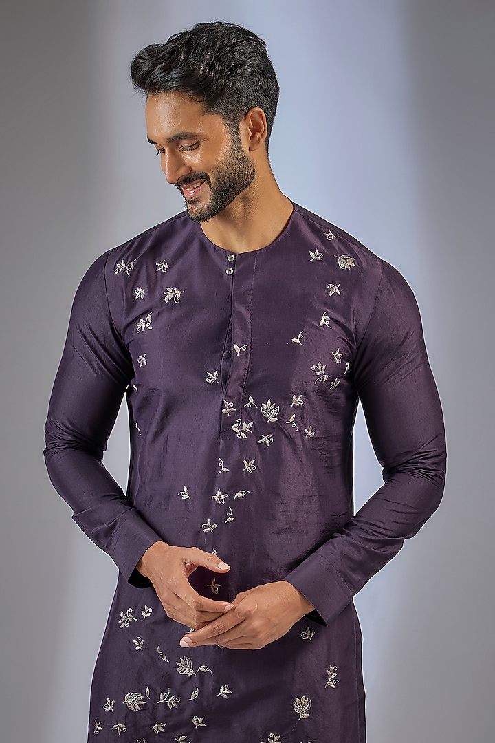 Midnight Purple Cotton Silk Chanderi Embroidered Kurta Set by Dhruv Vaish at Pernia's Pop Up Shop