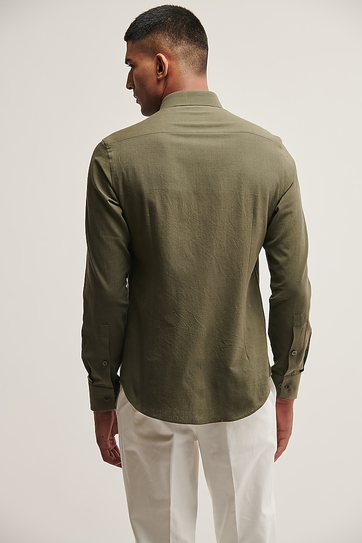 Olive Handloom Cotton Party Wear Shirt by Dhruv Vaish at Pernia's Pop Up Shop