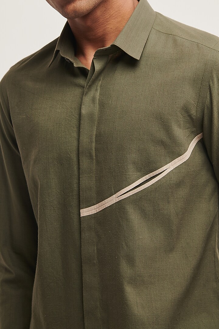Olive Handloom Cotton Party Wear Shirt by Dhruv Vaish at Pernia's Pop Up Shop