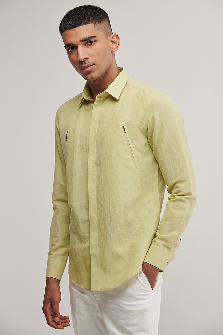 Pale Mint Handloom Cotton Party Wear Shirt by Dhruv Vaish at Pernia's Pop Up Shop