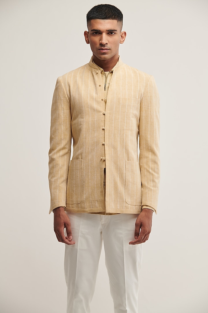 Faded Lemon Handloom Cotton Bandhgala Jacket by Dhruv Vaish