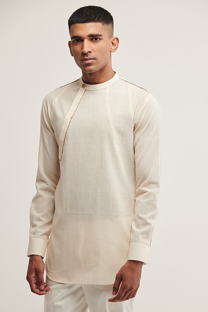 Vanilla Handloom Cotton Short Kurta by Dhruv Vaish at Pernia's Pop Up Shop