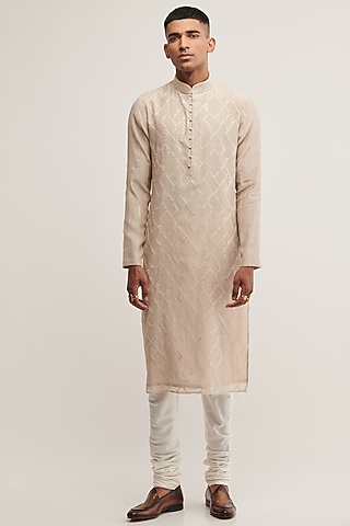 Moon Rock Cotton Silk Chanderi Embroidered Kurta&nbsp;Set by Dhruv Vaish