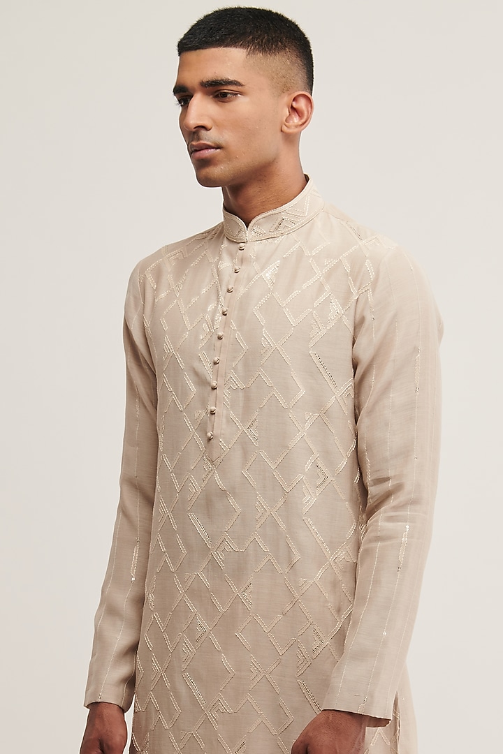 Moon Rock Cotton Silk Chanderi Embroidered Kurta Set by Dhruv Vaish at Pernia's Pop Up Shop
