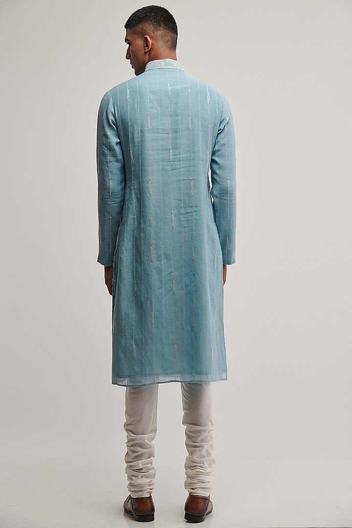 Bay Blue Cotton Silk Chanderi Embroidered Kurta Set by Dhruv Vaish at Pernia's Pop Up Shop